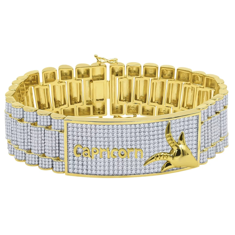 Horoscope Zodiac Astrology Gold 14K 8.5'' Diamond Capricorn Horse Tone Simulated Mens Sign Bracelet Yellow
