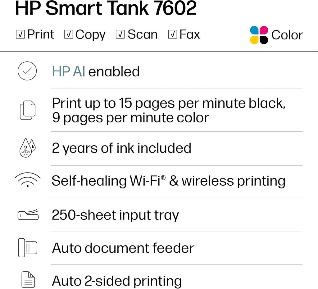 HP Smart Tank 7602 Wireless All-in-One Ink Tank Printer, Scanner, Copier with 2 Years of Ink Included, Best-for-Home Office, Cartridge-Free