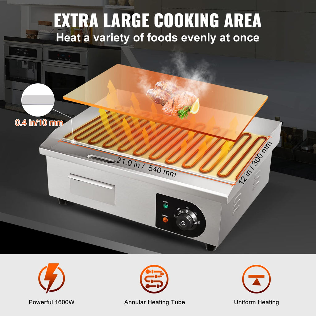 VEVOR Upgraded Commercial Electric Griddle, 2800W Stainless Steel Countertop Flat Top Grill, 26'' Griddle Grill with 2 Shovels and 2 Brushes, 122H