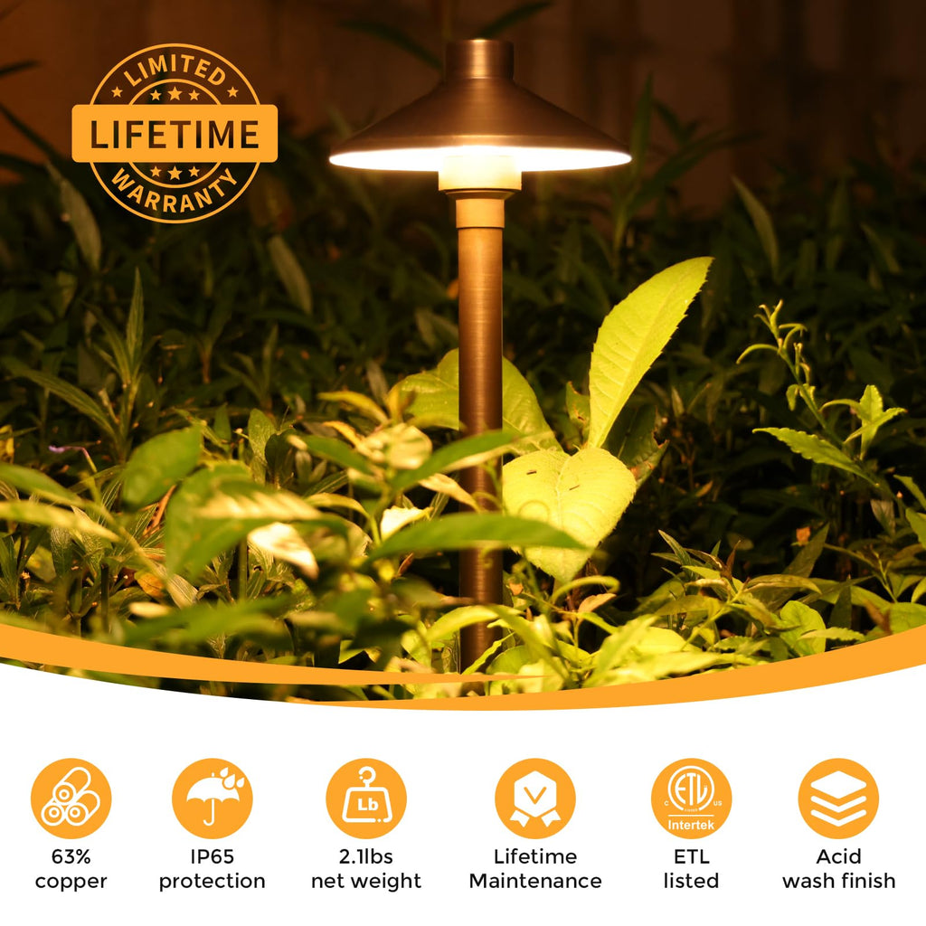 Gardencoin Solid Brass Low Voltage Pathway Lights (6.7'' Shade, 21.9'' Tall), 12V AC/DC Heavy Duty LED Landscape Path Lights Outdoor Wired, Antique