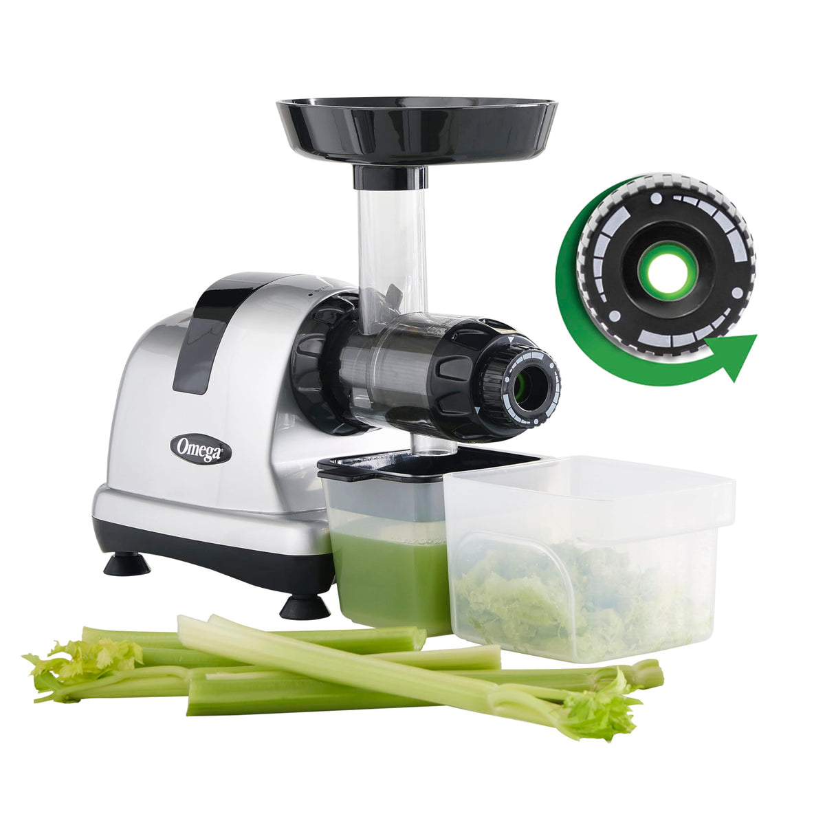 Omega Masticating Juicer, Cold Press Juicer Machine For Celery with Adjustable Dial, 200-Watts, Silver