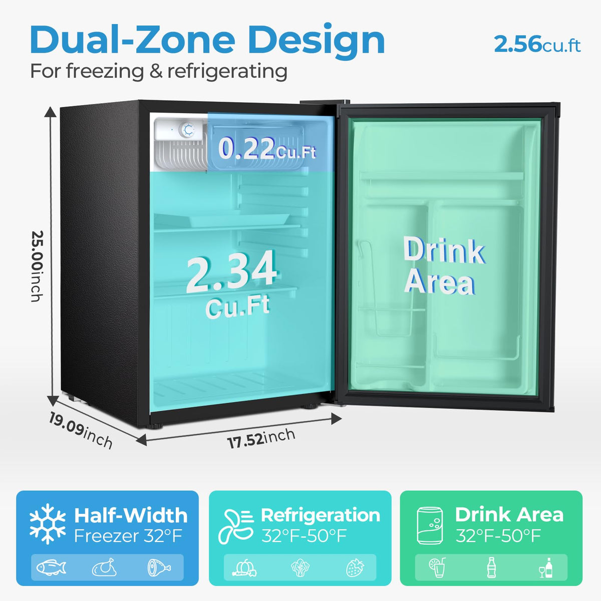 Antarctic Star 3.2 Cu.Ft. Mini Fridge with Freezer, Small Refrigerators with Adjustable Thermostat, Low Noise, Energy Saving, Compact Refrigerators