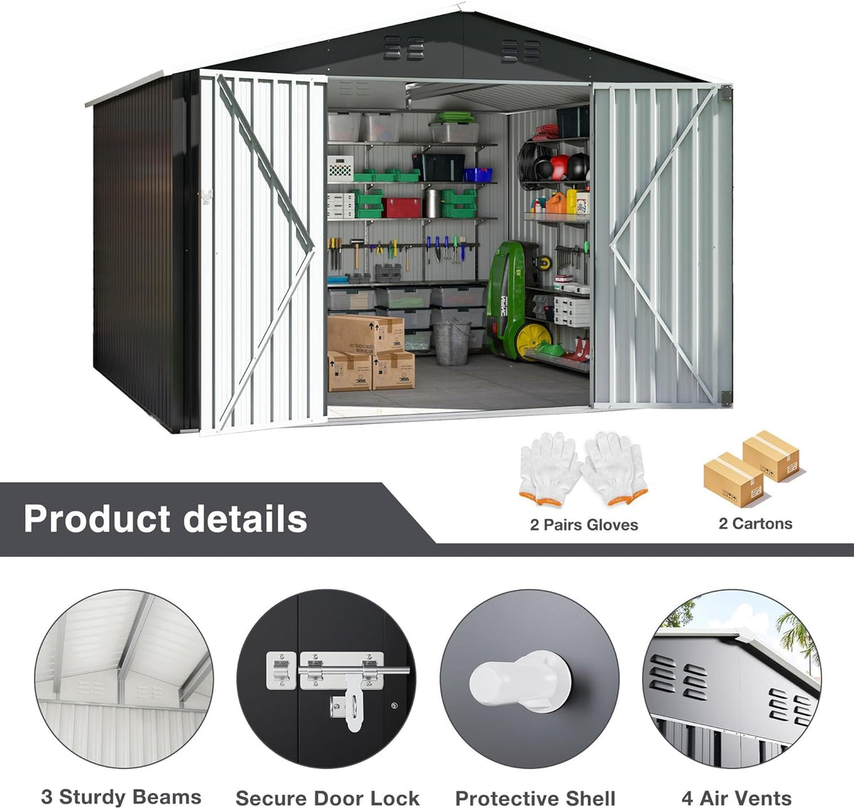Polar Aurora 12x14 FT Outdoor Storage Shed, Garden Shed with Updated Frame Structure and Lockable Doors, Metal Tool Sheds for Backyard Garden Patio