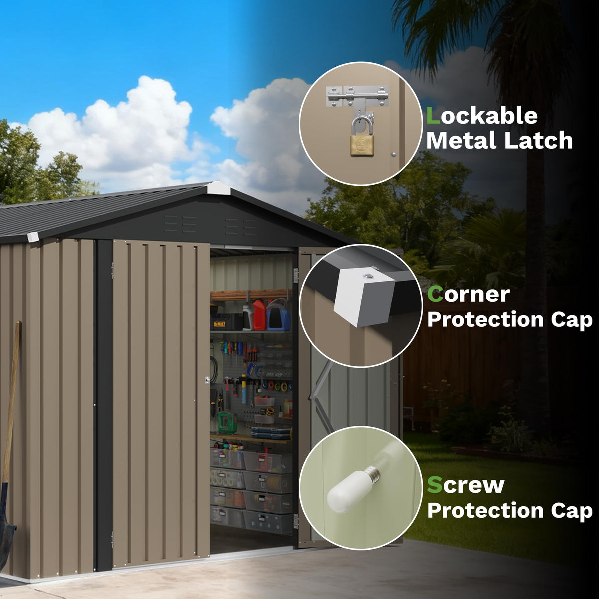Patiowell 8x8 FT Outdoor Storage Shed, Heavy Duty Tool Metal Sheds with Lockable Doors and Updated Frame Structure for Backyard Patio Lawn, Black