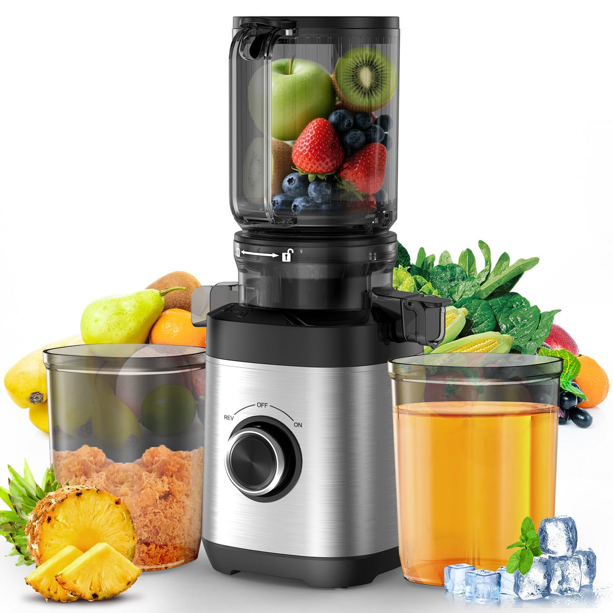 Juicer Machines, 100 Watts Cold Press Juicer with Wide Chute, Slow Masticating Juicers, High Juice Yield for Leafy Greens, Fruits & Vegetables, Easy