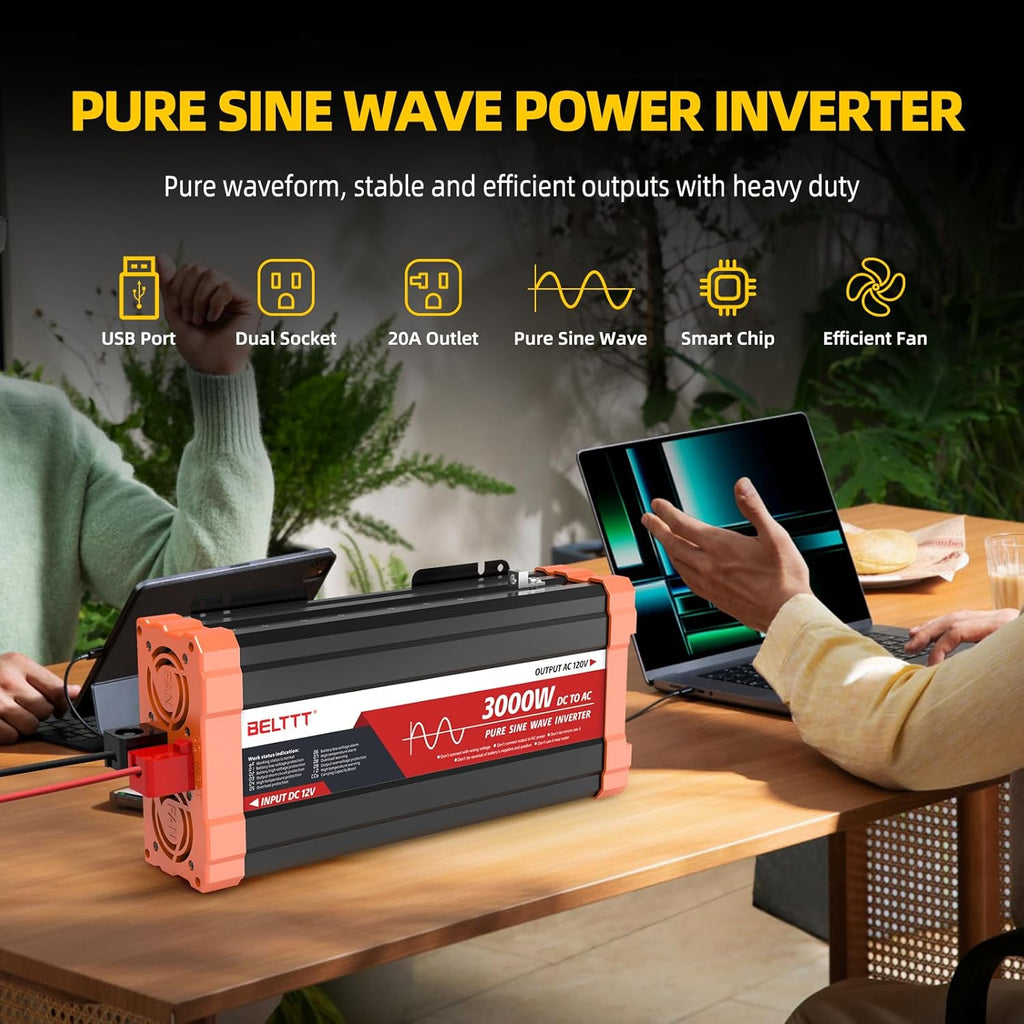 BELTTT 3000W Pure Sine Wave Inverter 12V DC to 120V AC for RV, Truck, Off-Grid, Home, Solar Car Power Inverter with Dual AC, 20A Socket, 5V 2.1A USB