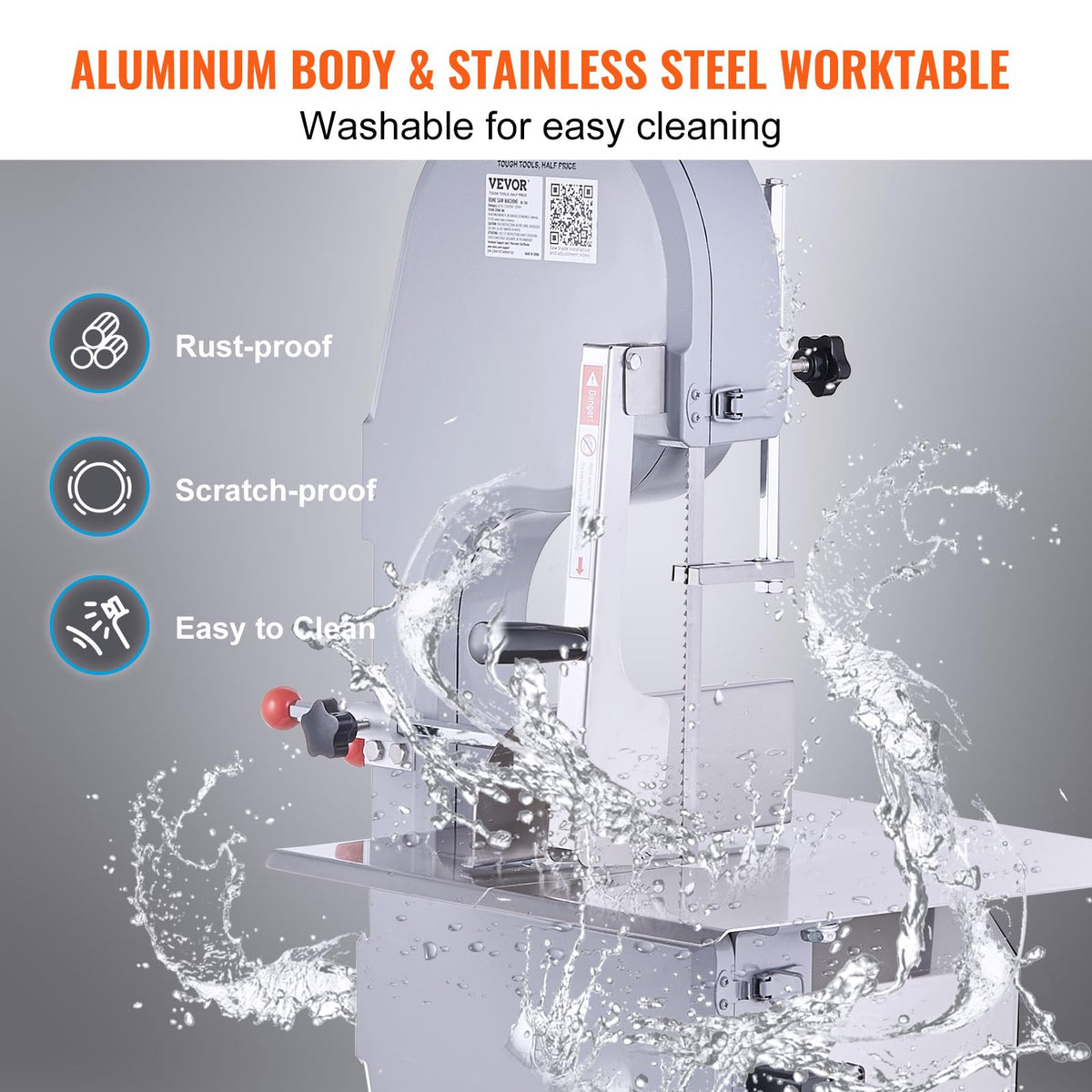 Commercial Electric Meat Bandsaw, 1500W Stainless Steel Countertop Bone Sawing Machine, Workbeach 19.3" x 15", 0.16-7.9 Inch Cutting Thickness