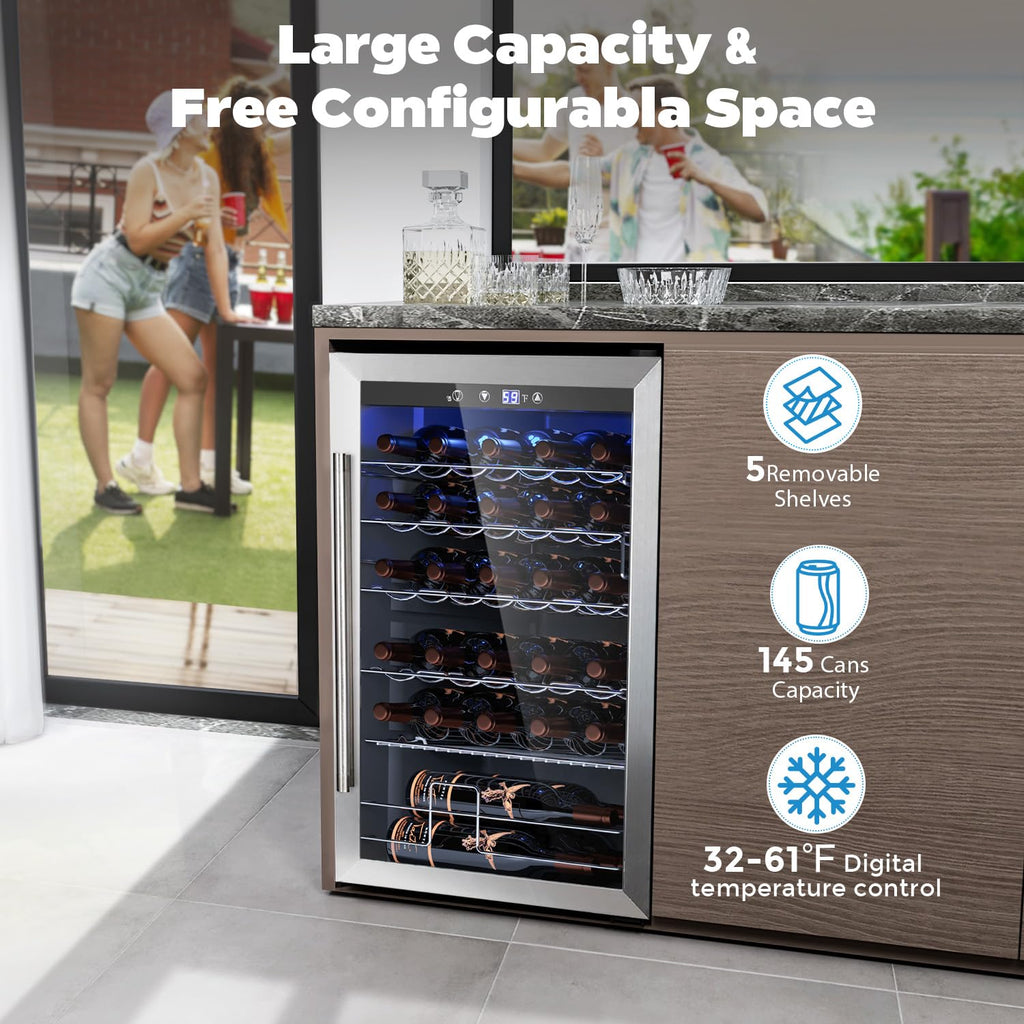 COWSAR 4.5 Cu.Ft Wine Fridge 37 Bottle, ETL Approved Freestanding Wine Cooler 145 Can Beverage Refrigerator with Stainless Steel Reversible Glass