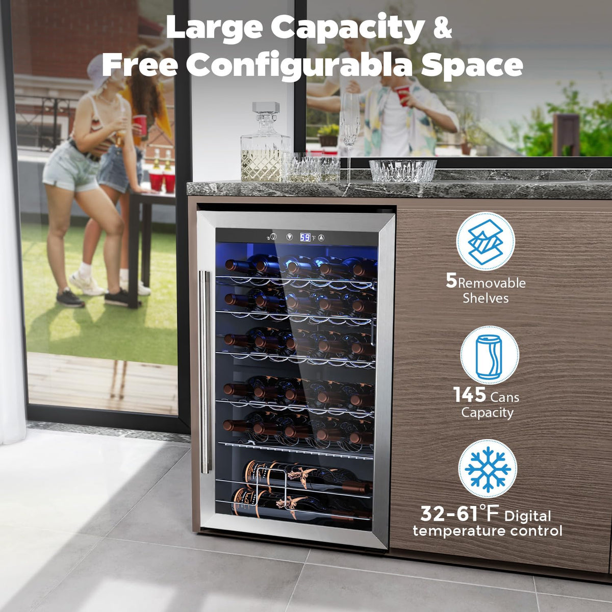 COWSAR 4.5 Cu.Ft Wine Fridge 37 Bottle, ETL Approved Freestanding Wine Cooler 145 Can Beverage Refrigerator with Stainless Steel Reversible Glass