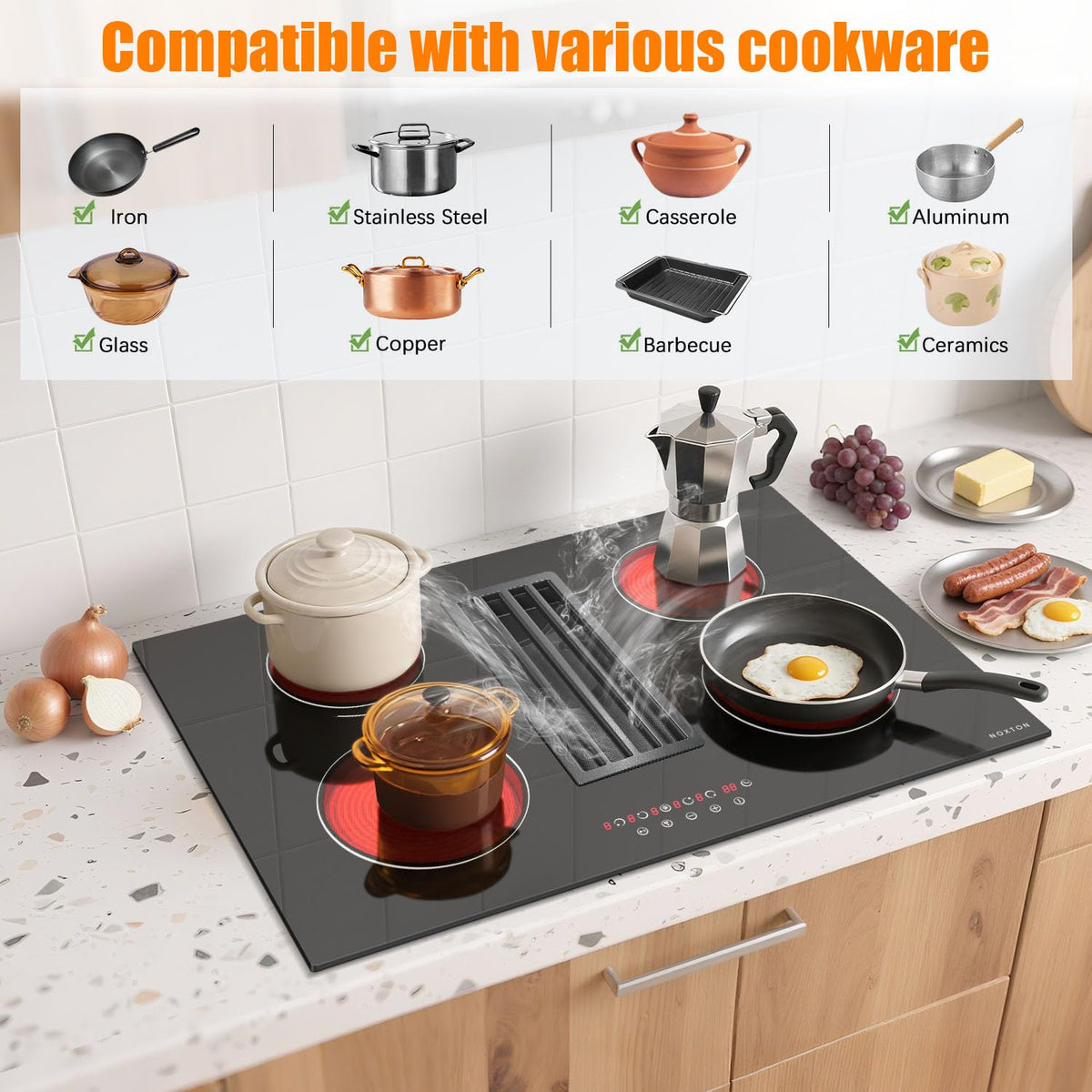 Noxton 30 Inch Electric Cooktop, 8400W 5 Burners Built-in Radiant Electric Stove Top, Slider Control, 9 Power Levels, Child Safety Lock, Timer, 220