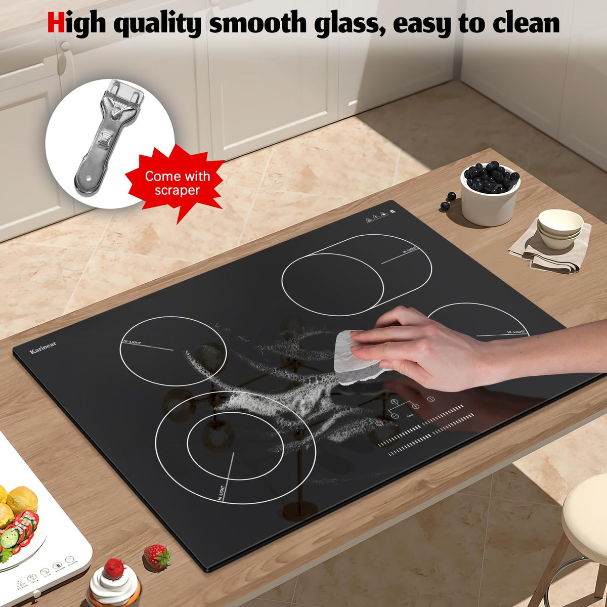 Karinear Electric Cooktop 30 Inch, 5 Burners Electric Stove 30 Inch Electri Ceramic Cooktop, 9 Power Level, Pause, Timer, Child Safety Lock, Triple