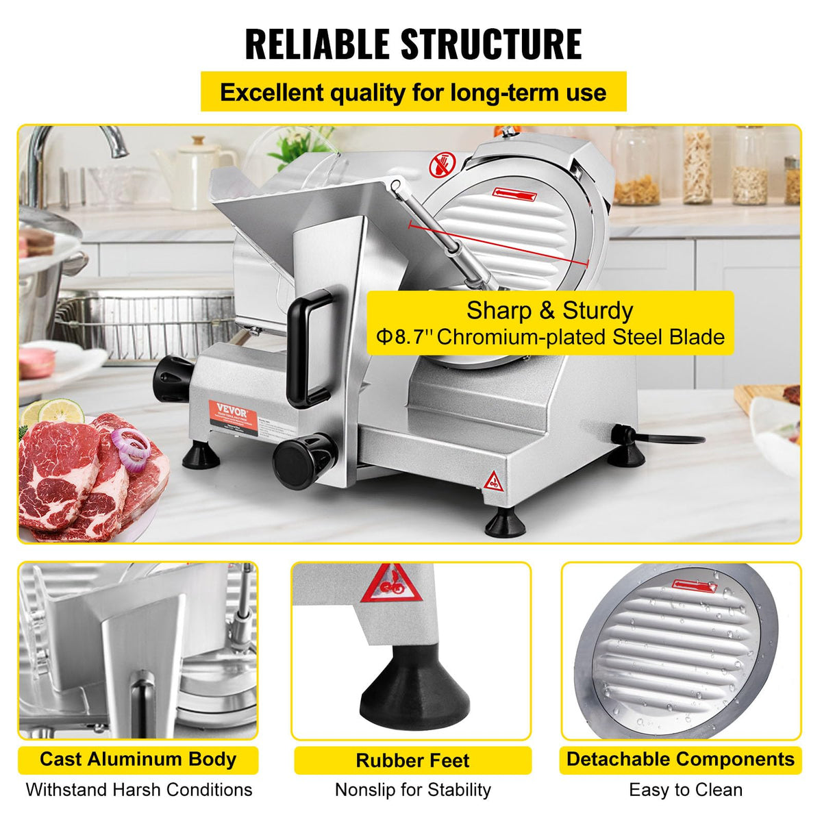 VEVOR Commercial Meat Slicer, 10 inch Electric Food Slicer, 240W Frozen Meat Deli Slicer, Premium Chromium-plated Steel Blade Semi-Auto Meat Slicer