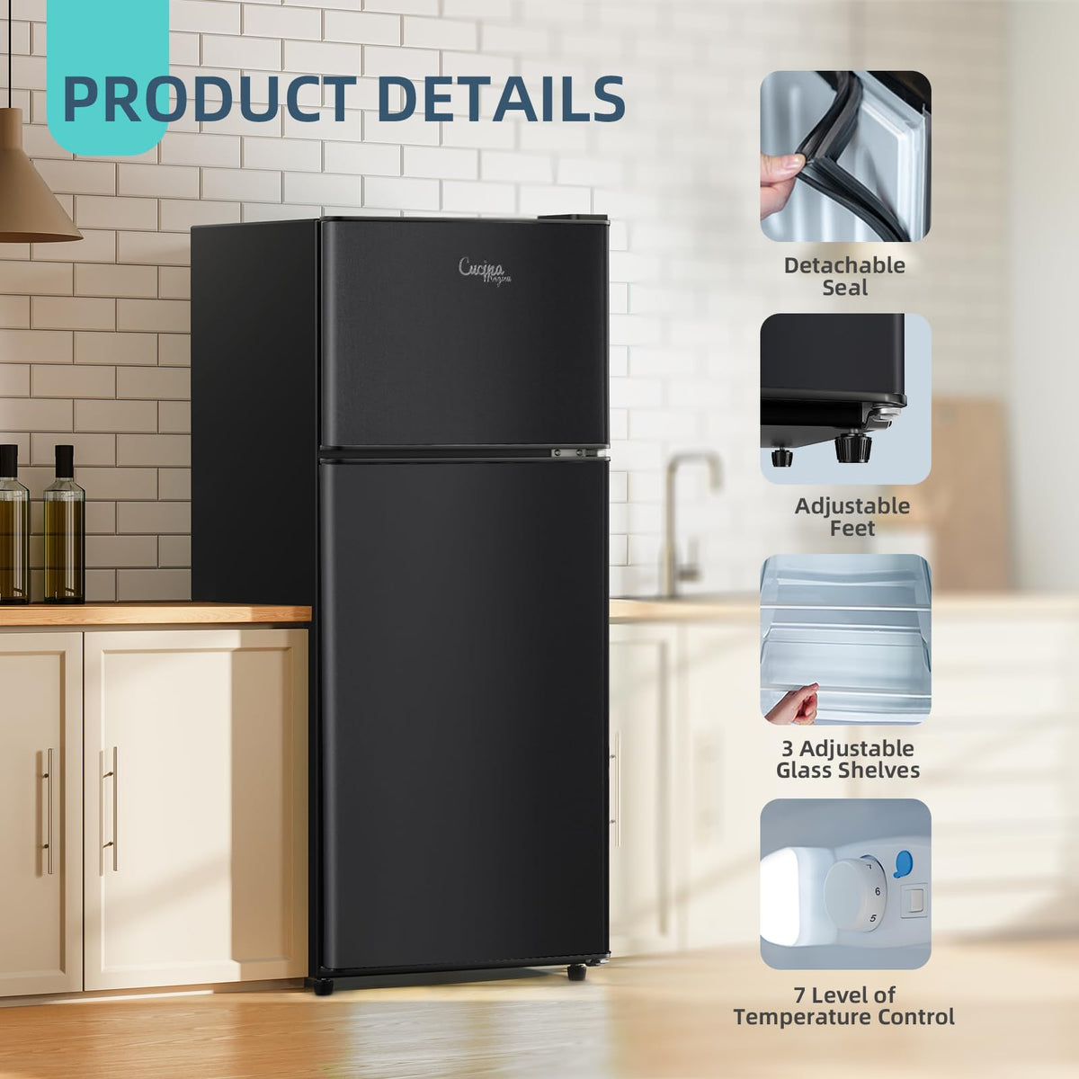 4.2 Cu Ft Mini Fridge for Bedroom, 2 Door Small Fridge, 7 Level Thermostat, LED Light, Small Refrigerator for Bedroom, Office, Dorm