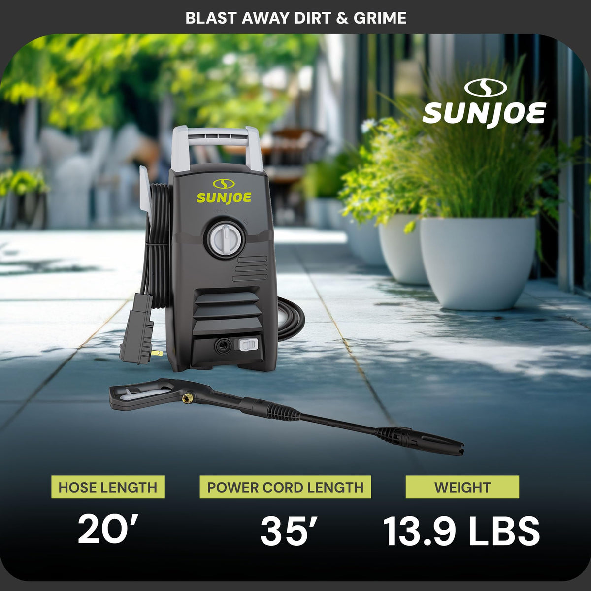 Sun Joe SPX3000-XT1 XTREAM 2,500 PSI Pressure Washer with 14.9A Motor, Includes 4 Quick-Connect Nozzles, High-Pressure Hose, Garden Hose Adapter, and
