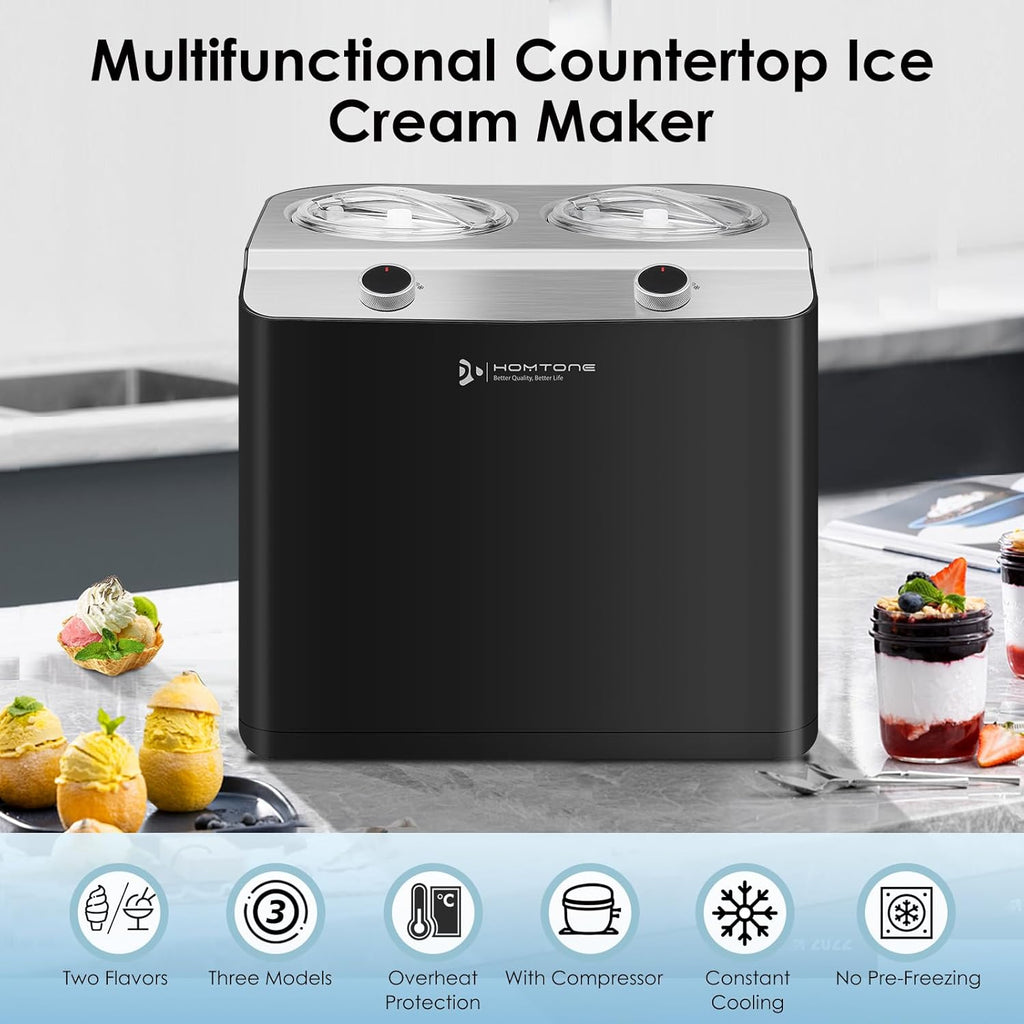 Homtone 2 Flavor Ice Cream Maker, 2.6QT (2 x 1.3qt) Compressor Largest Capacity & Fast Freezing Ice Cream Machine with 2 Bowls, Easy Operate & Clean