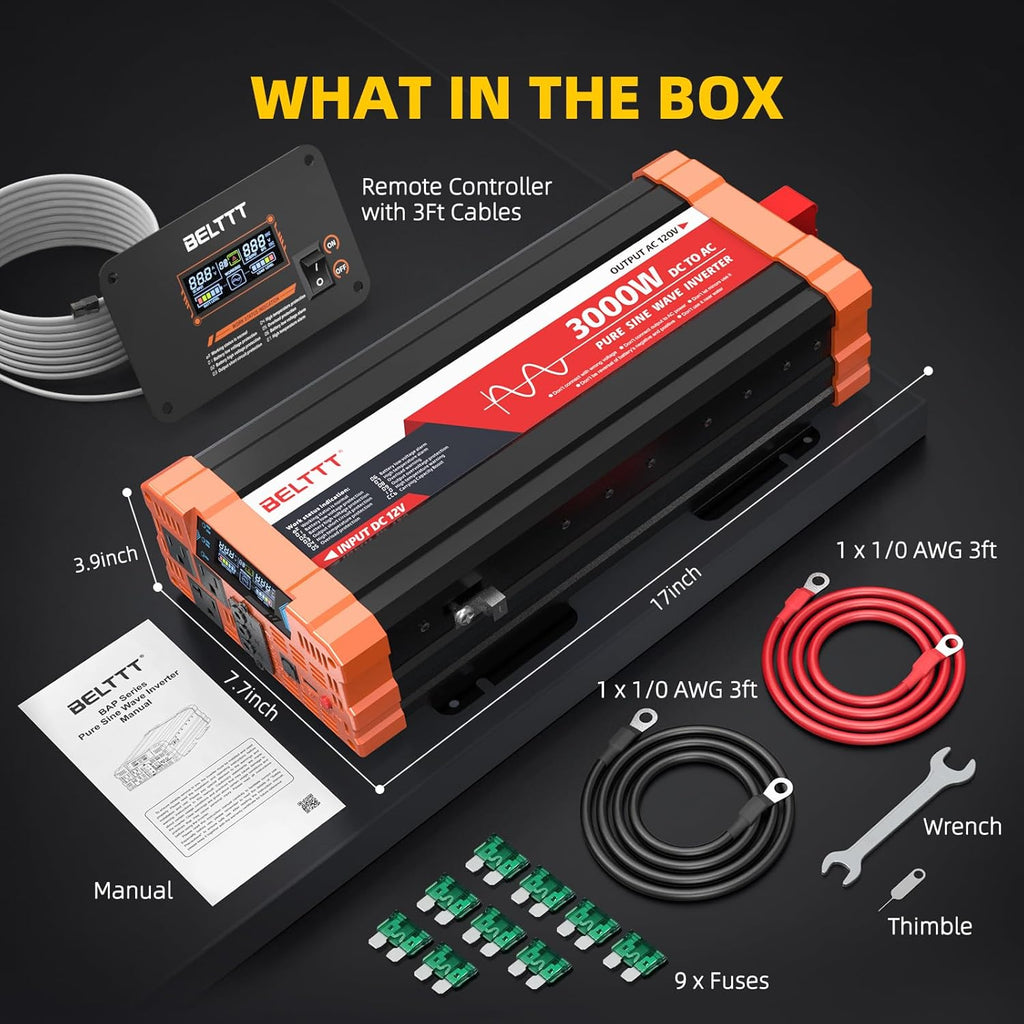 BELTTT 3000W Pure Sine Wave Inverter 12V DC to 120V AC for RV, Truck, Off-Grid, Home, Solar Car Power Inverter with Dual AC, 20A Socket, 5V 2.1A USB