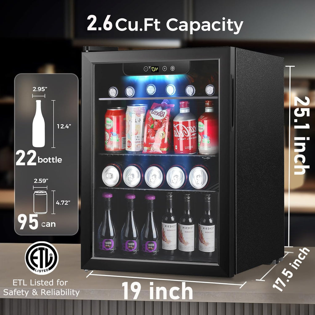 COWSAR 4.5 Cu.Ft Wine Fridge 37 Bottle, ETL Approved Freestanding Wine Cooler 145 Can Beverage Refrigerator with Stainless Steel Reversible Glass