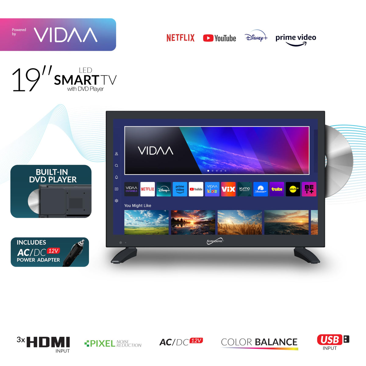 Supersonic SC-1926DVD 19-inch LED Smart HDTV w/DVD Player, 3X HDMI, 1080p, WiFi, USB, AC/DC Compatible for Home, Kitchen, or RV Camper, DC Car Cord