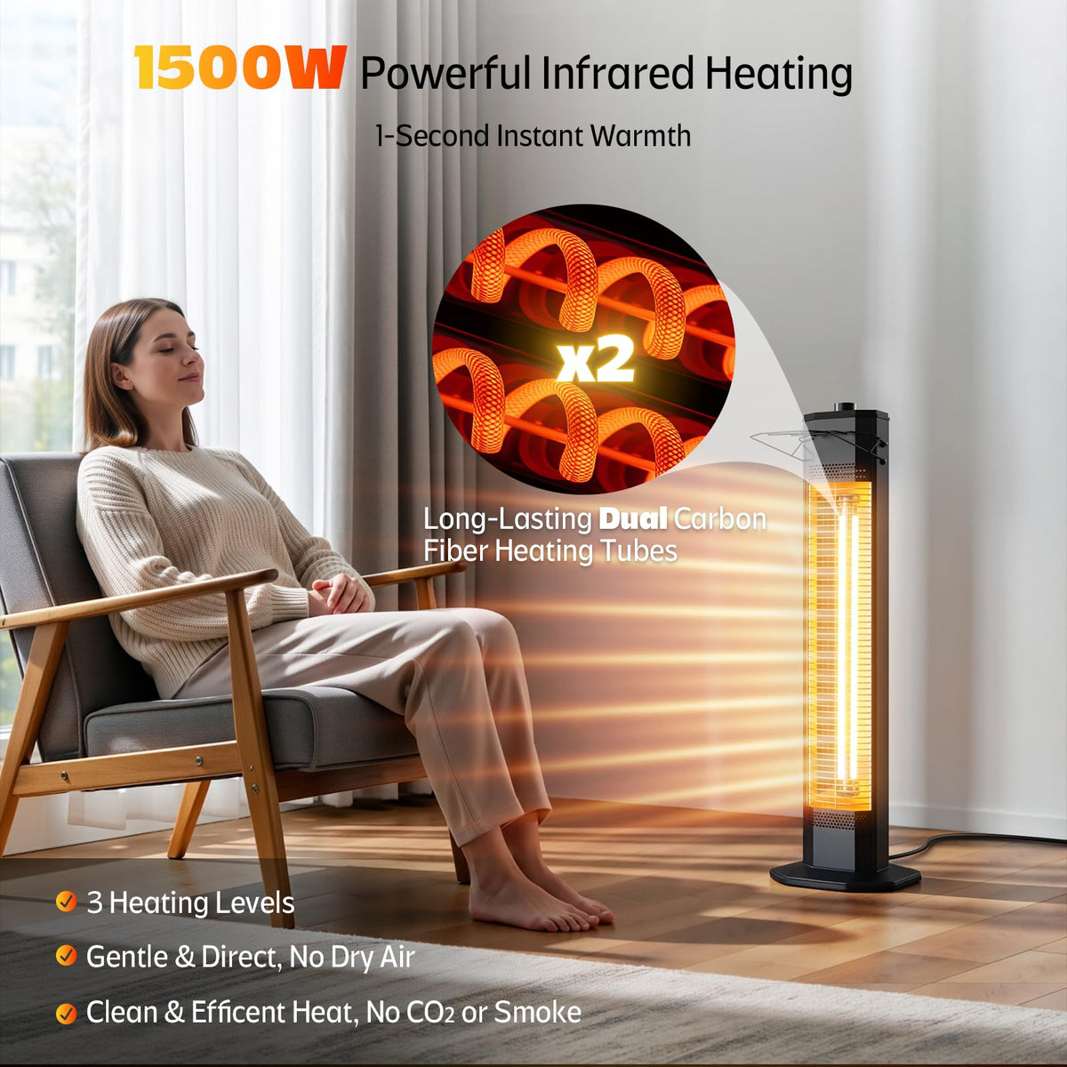 Outdoor Electric Patio Heater, 42-inch 1500W Infrared Tower Heater with 9 Heat Settings & 9H Timer, IPX5 Waterproof, Safety Lock, Tip-Over & Overheat