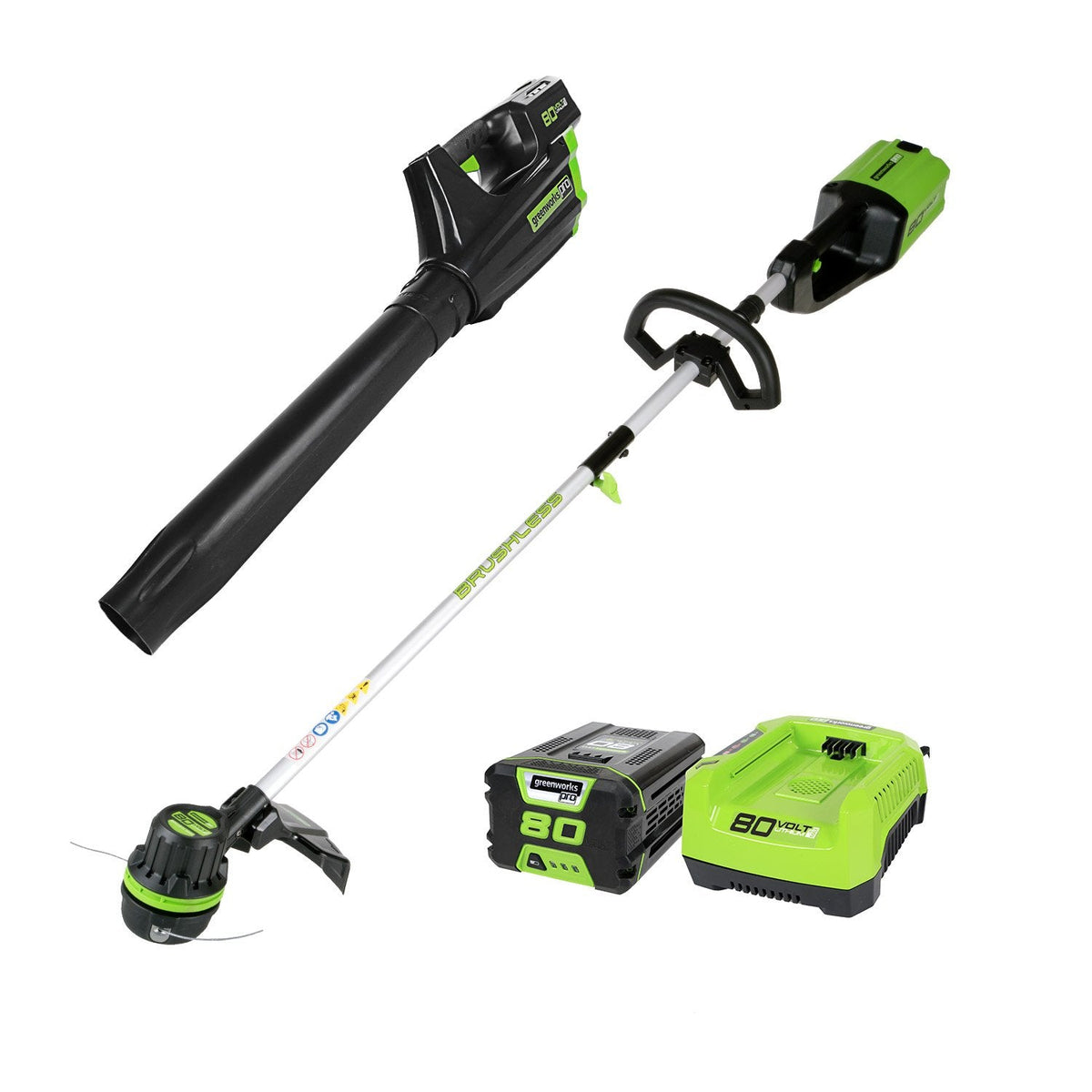 Greenworks 80V Brushless Cordless Yard Tool Combo Kit with 2.0Ah Battery & Rapid Charger C 16" Dual-Line String Trimmer and 500 CFM / 125 MPH Leaf