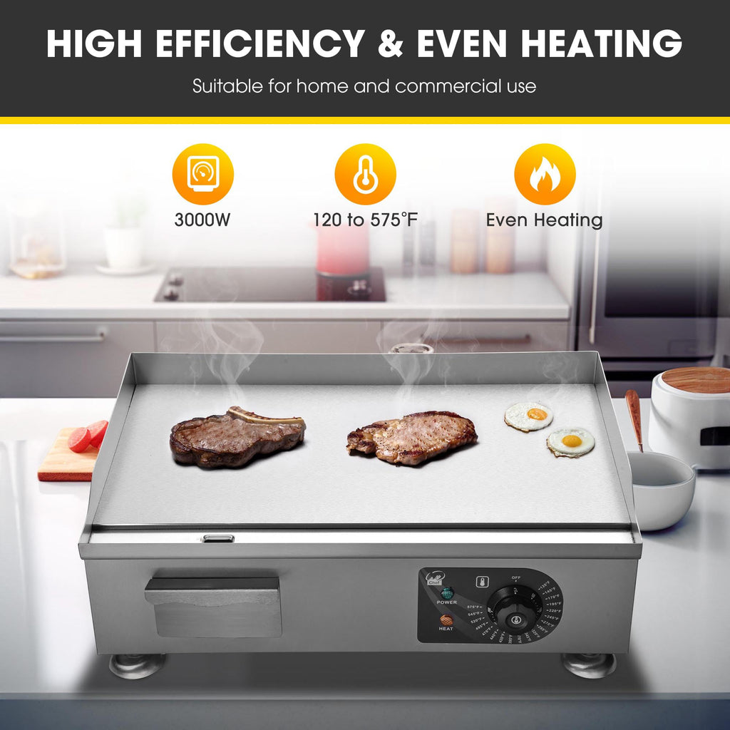WeChef 24" Commercial Griddle 3500W Electric Countertop Griddle Non-Stick Flat Stainless Steel Adjustable Restaurant Grill Temperature Control 122 to