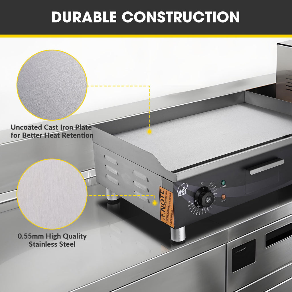 WeChef 24" Commercial Griddle 3500W Electric Countertop Griddle Non-Stick Flat Stainless Steel Adjustable Restaurant Grill Temperature Control 122 to