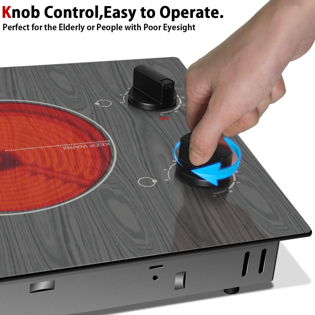 Karinear Electric Cooktop 24 Inch, 4 Burners Electric Stove Knob Control, Built-in Ceramic Cooktop with Beautiful Woodgrain Pattern Glass Surface