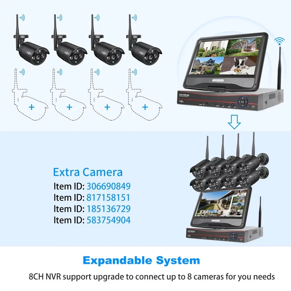 WiFi) Only Channel Wi-Fi Security NVR, 10.1'' System Liquidproof, 2.4Ghz Camera Vision, Drive, Hiseeu with 1TB Audio (Supports Hard Recording, Wireless with Home Camera Security 4Pcs Monitor, Night 10