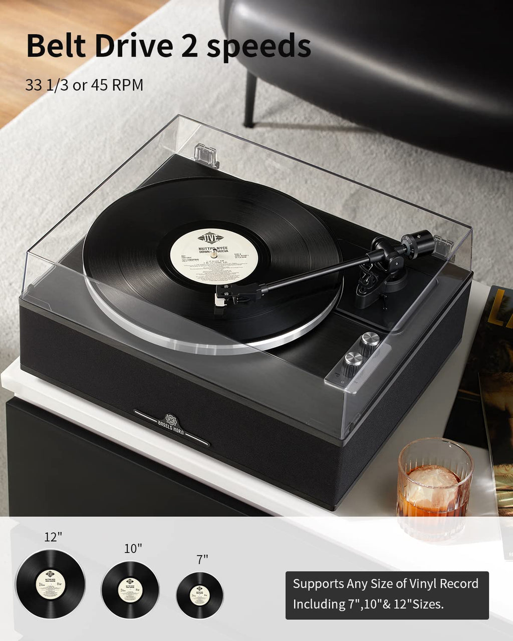ANGELS HORN Vinyl Record Player, Bluetooth Turntable with Built in Speakers Phono Preamp, High Fidelity Turntables for Vinyl Records with Magnetic