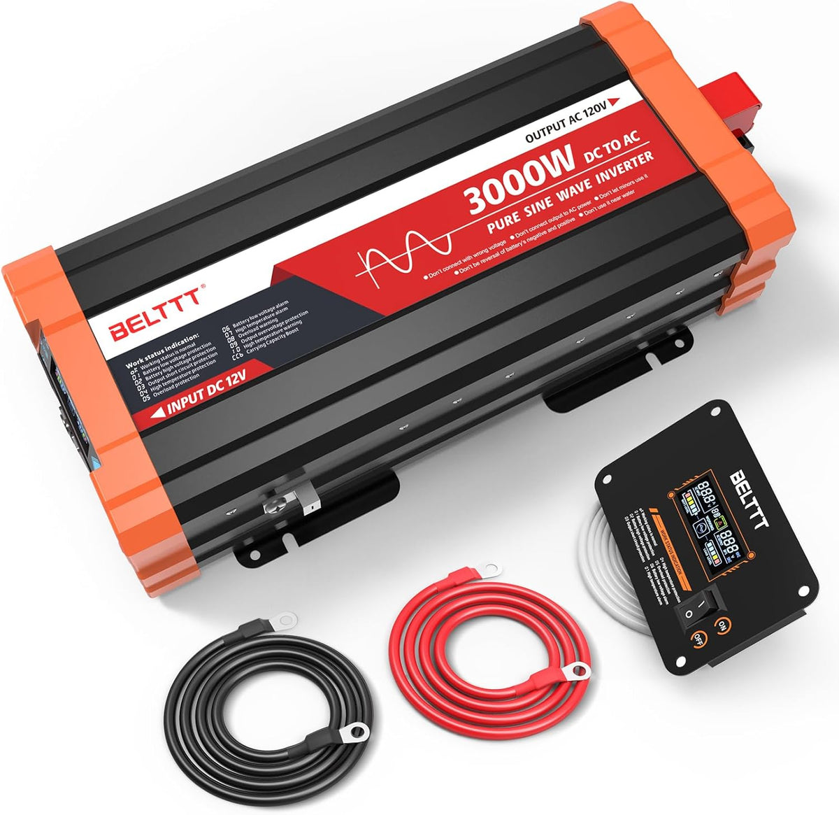 BELTTT 3000W Pure Sine Wave Inverter 12V DC to 120V AC for RV, Truck, Off-Grid, Home, Solar Car Power Inverter with Dual AC, 20A Socket, 5V 2.1A USB