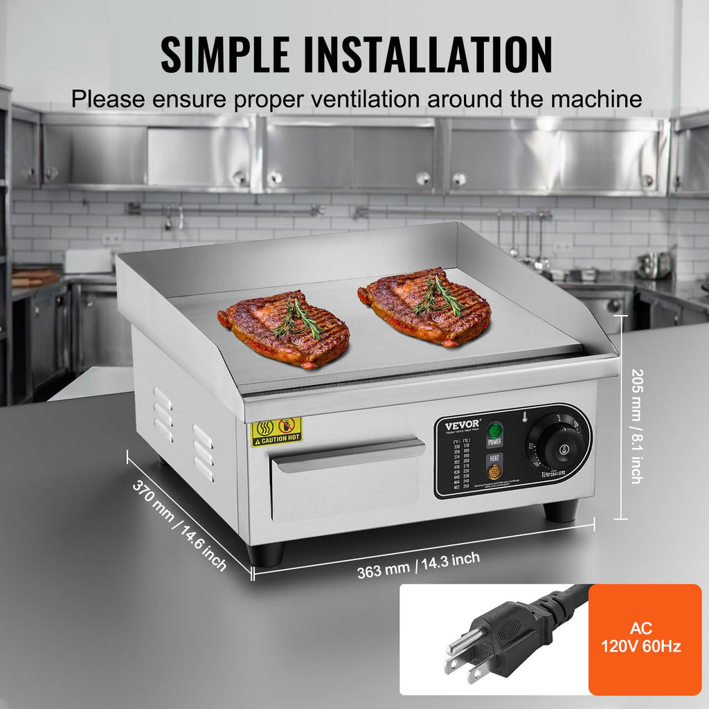 VEVOR Upgraded Commercial Electric Griddle, 2800W Stainless Steel Countertop Flat Top Grill, 26'' Griddle Grill with 2 Shovels and 2 Brushes, 122H