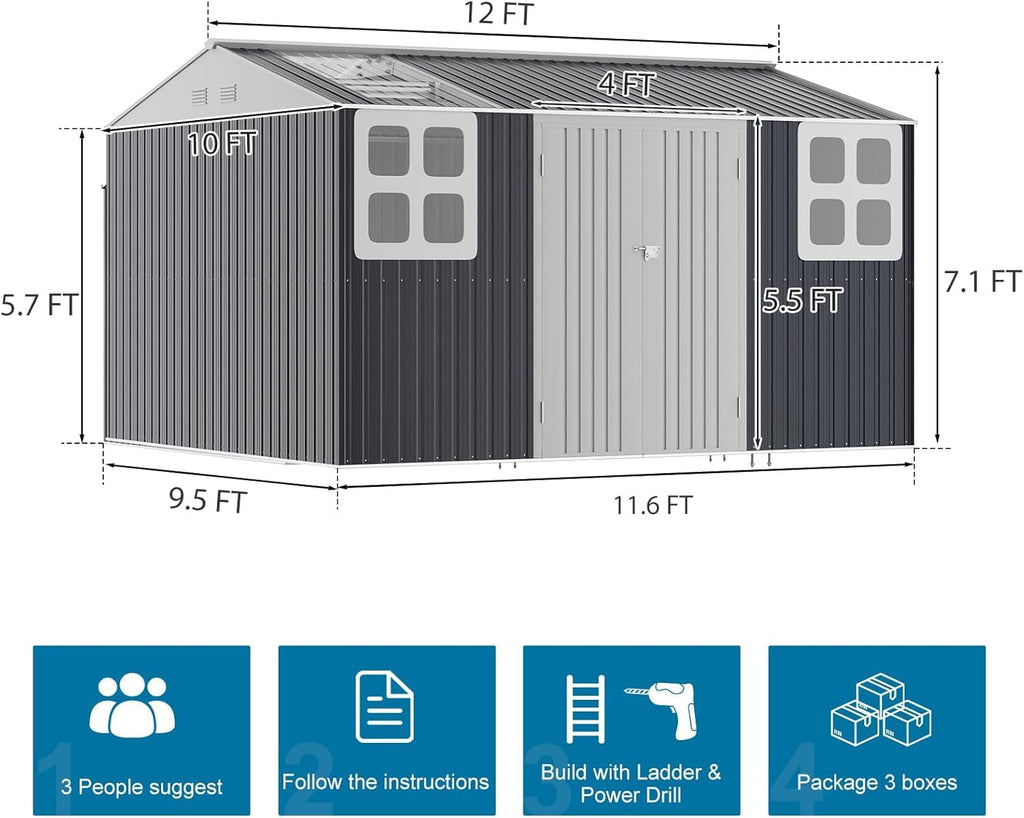 10x12 FT Metal Outdoor Storaged Shed with Floor Base Waterproof Heavy Duty Reinforced Frame with Unique Clear Roof Skyview Windows Air Vent for