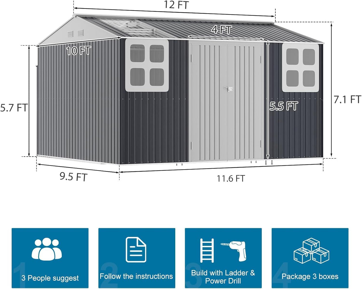 10x12 FT Metal Outdoor Storaged Shed with Floor Base Waterproof Heavy Duty Reinforced Frame with Unique Clear Roof Skyview Windows Air Vent for