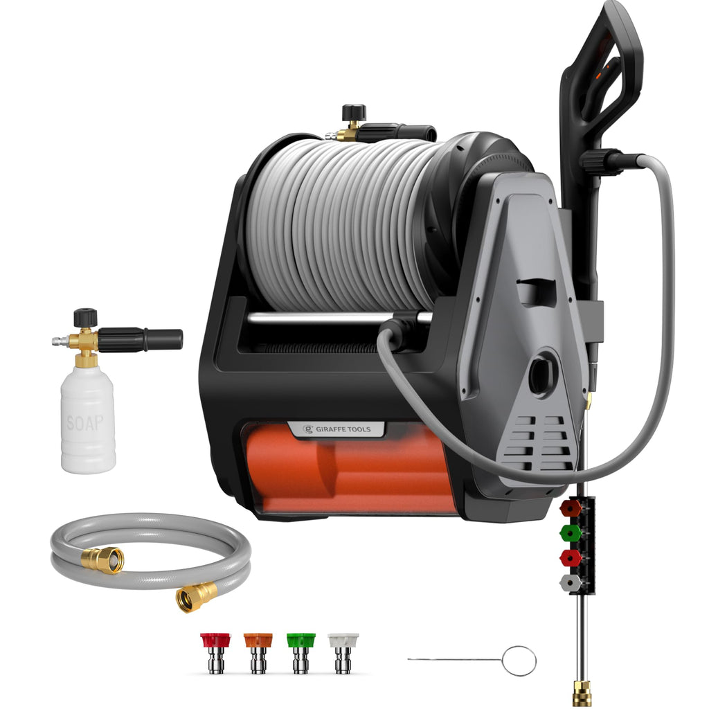 Giraffe Tools Grandfalls Retractable Wall Mount Pressure Washer Plus, Max 2900PSI 2.2 GPM, Electric Power Washer with 100ft Pressure Hose for Car