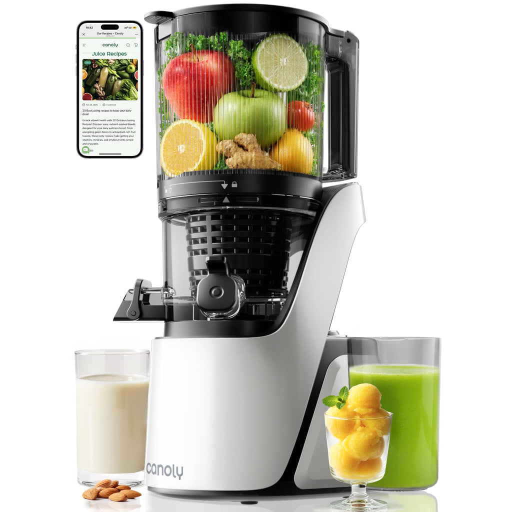 Canoly C16 Cold Press Juicer, with a 6" Wide Chute & Self-Precut, 3-in-1 Strainers (Juice & Sorbet & Nut Milk), BPA-Free Construction, Powered by a
