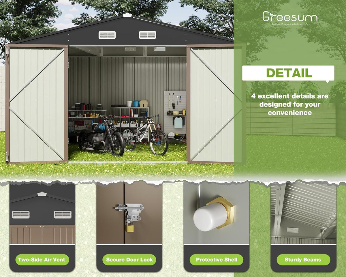 Greesum Outdoor Storage Shed 6 x 8 ft. Utility Tool Shed Metal Storage Garden Shed with Door & Lock for Patio Storage, Brown
