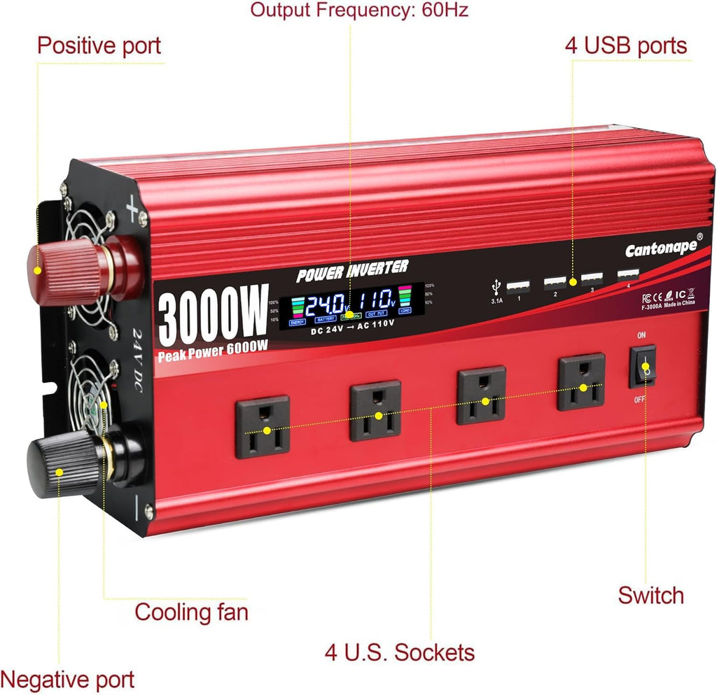 4000W Power Inverter 12V to 110V/120V DC to AC with LCD Display, Remote Controller 5 x AC Outlets and 4 x 3.1A USB Car Adapter for Car Truck Boat RV