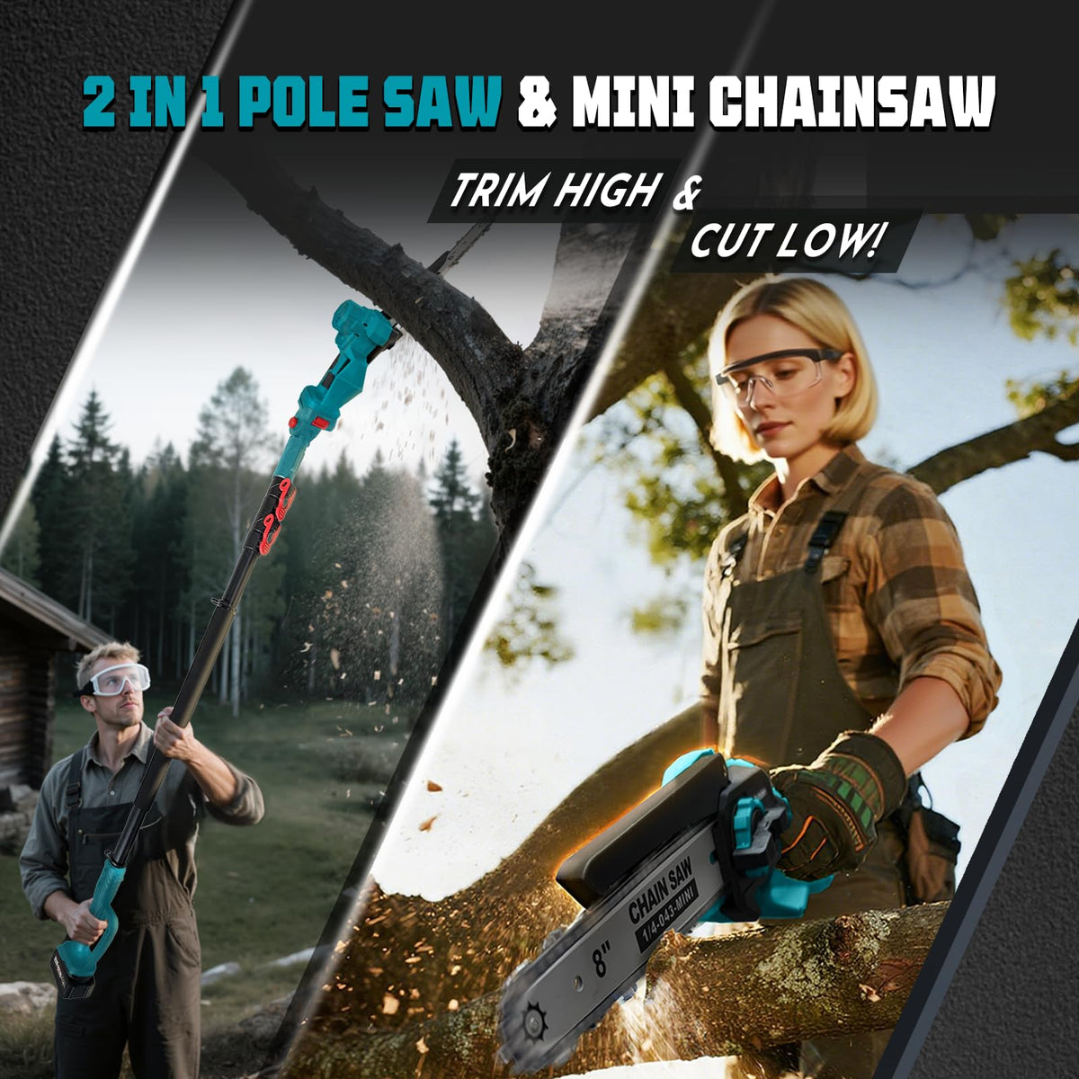 2-in-1 Cordless Pole Saw & 8'' Mini Chainsaw,Forest Ranger Approved Electric Handheld Chain Saw with 2 21V 4.0Ah Rechargeable Batterie&Charger, Auto
