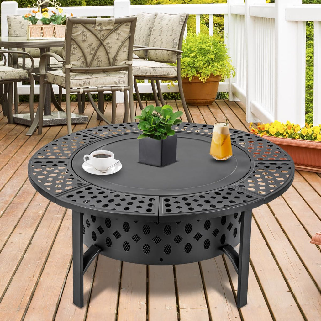 47 Inch Fire Pit with 2 Grills, Wood Burning Fire Pits for Outside with Lid & Poker, BBQ& Outdoor Firepit & Round Metal Table 3 in 1 for Patio