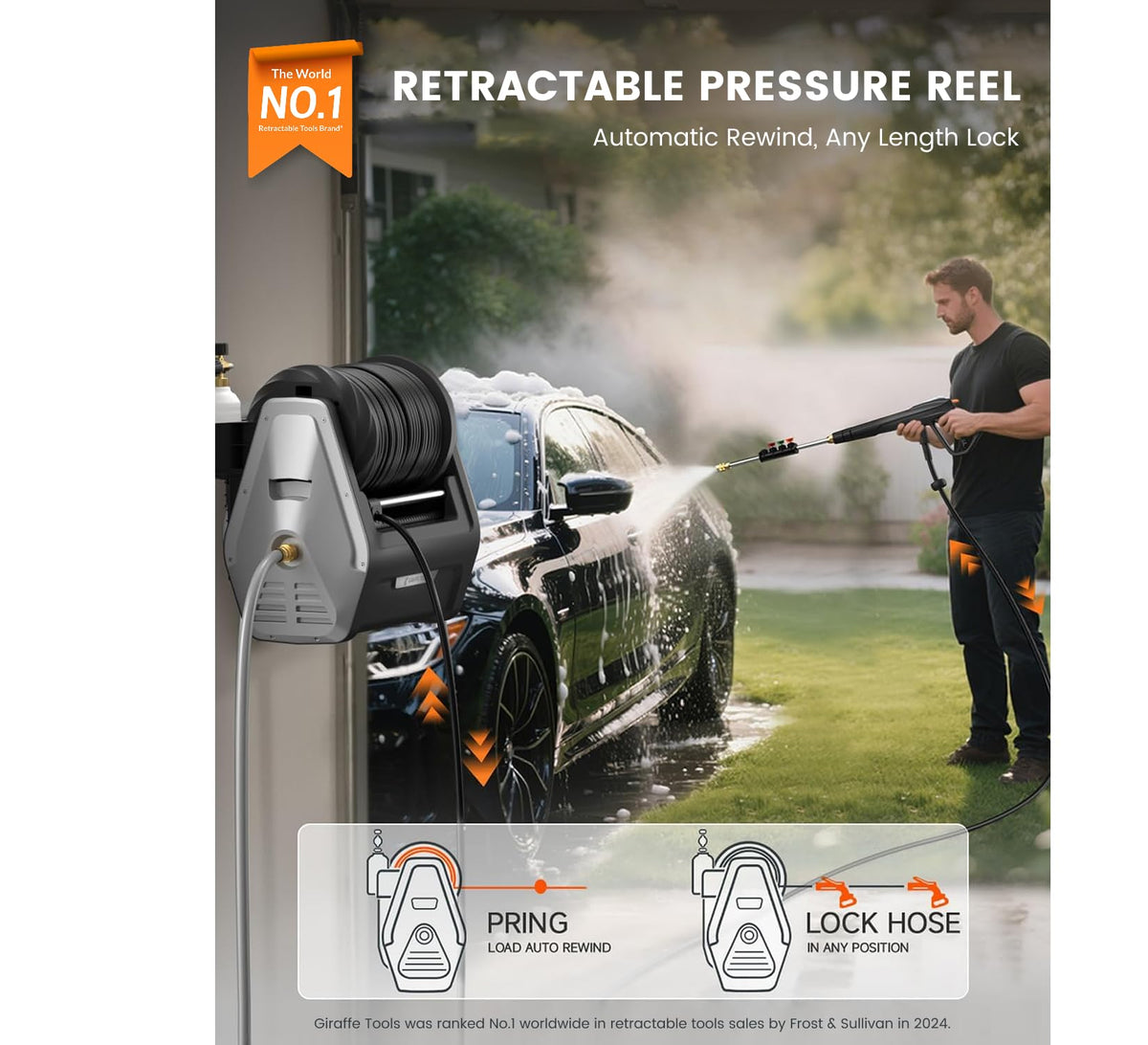 Giraffe Tools Wall Mounted Pressure Washer G30 with Upgraded 1800W Motor, Max 2900 PSI, 2.2 GPM Electric Power Washer with 100ft Retractable Black
