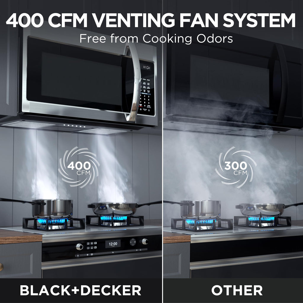 BLACK+DECKER EM044KB19 Over The Range Microwave Oven with One Touch, 1000 Watts, 400 CFM and Auto Cooking, OTR 1.9 Cu.ft