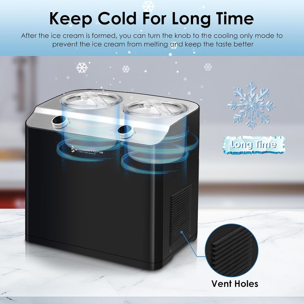 Homtone 2 Flavor Ice Cream Maker, 2.6QT (2 x 1.3qt) Compressor Largest Capacity & Fast Freezing Ice Cream Machine with 2 Bowls, Easy Operate & Clean