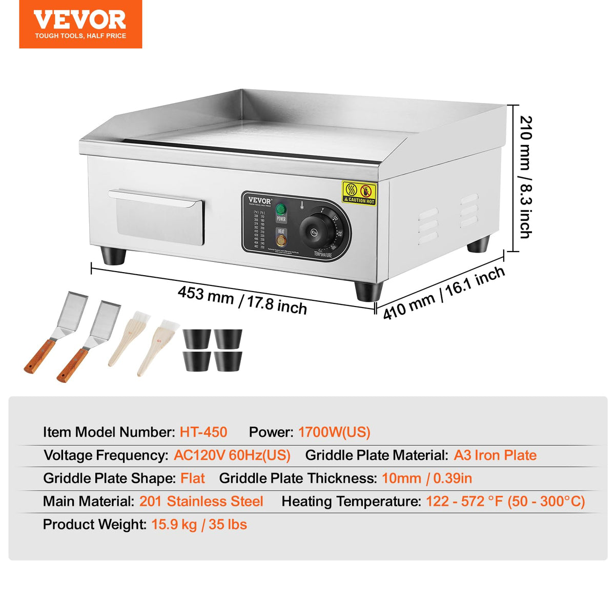 VEVOR Upgraded Commercial Electric Griddle, 2800W Stainless Steel Countertop Flat Top Grill, 26'' Griddle Grill with 2 Shovels and 2 Brushes, 122H