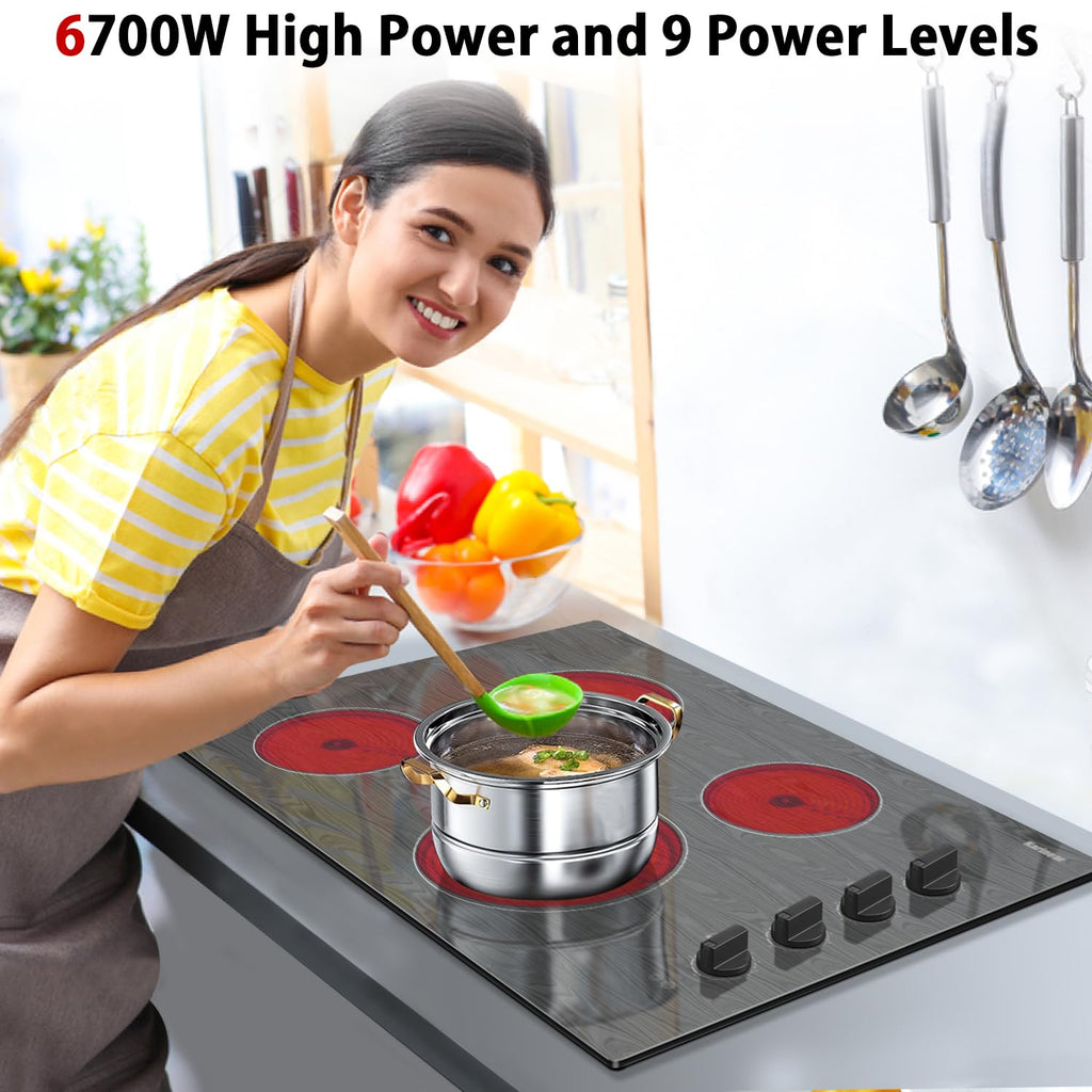 Karinear Electric Cooktop 24 Inch, 4 Burners Electric Stove Knob Control, Built-in Ceramic Cooktop with Beautiful Woodgrain Pattern Glass Surface