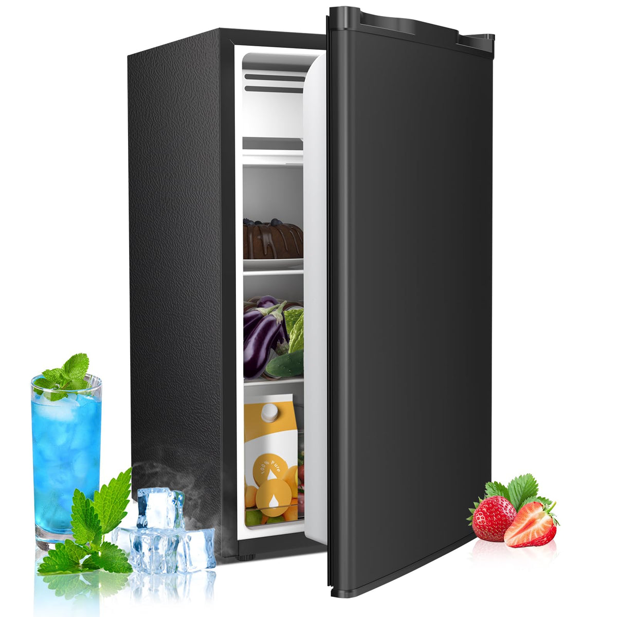 3.2 Cu.ft Mini Fridge with Freezer, Compact Refrigerator with Reversible Single Door, Adjustable Thermostat, Low Noise, Energy Efficient for Office