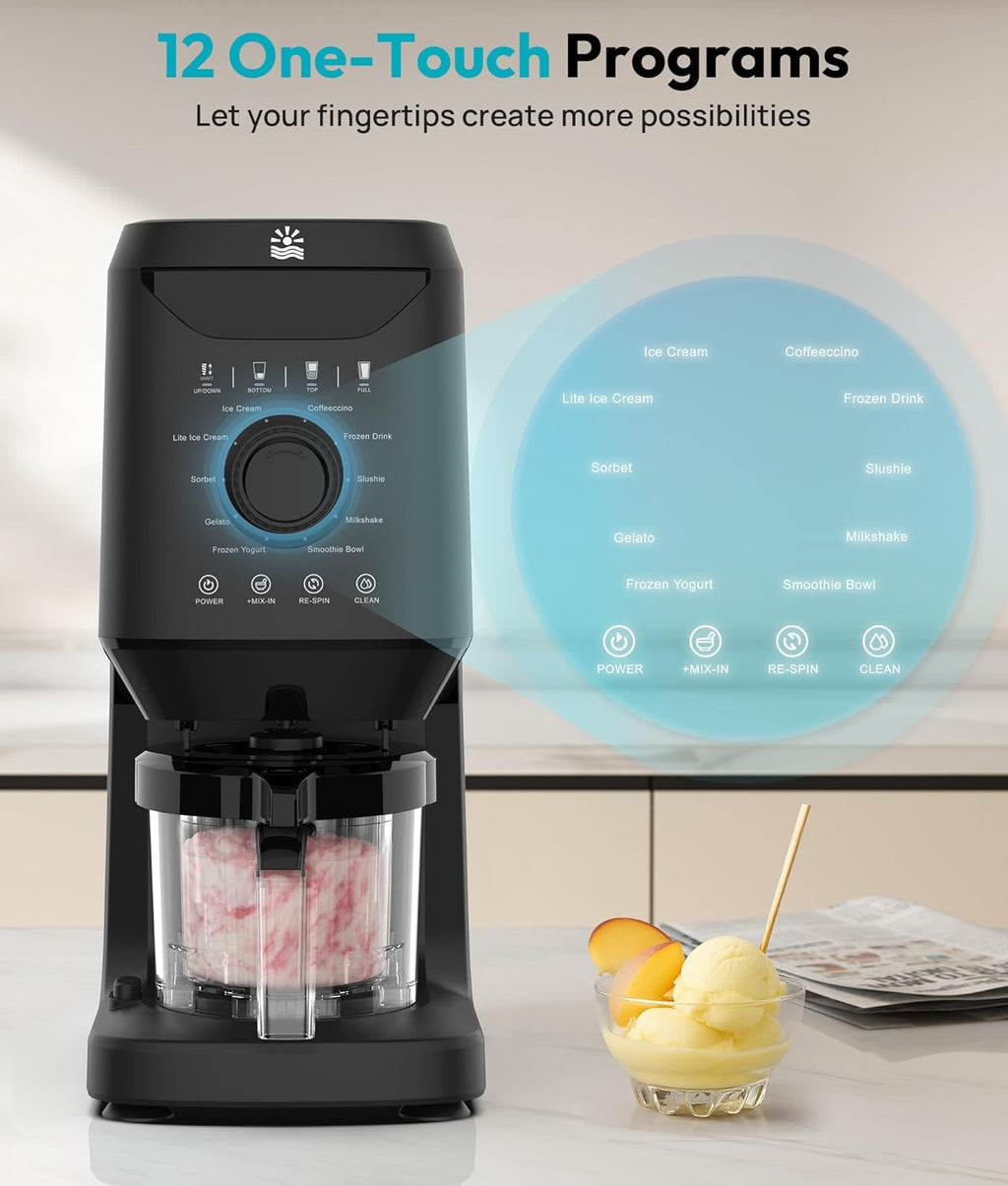 Automatic Ice Cream Maker Machine - 12-in-1 Ice Cream Maker with 2 Pint Containers & Lids, 2-5 Min Homemade Gelato, Sorbet and Frozen Yogurt Maker