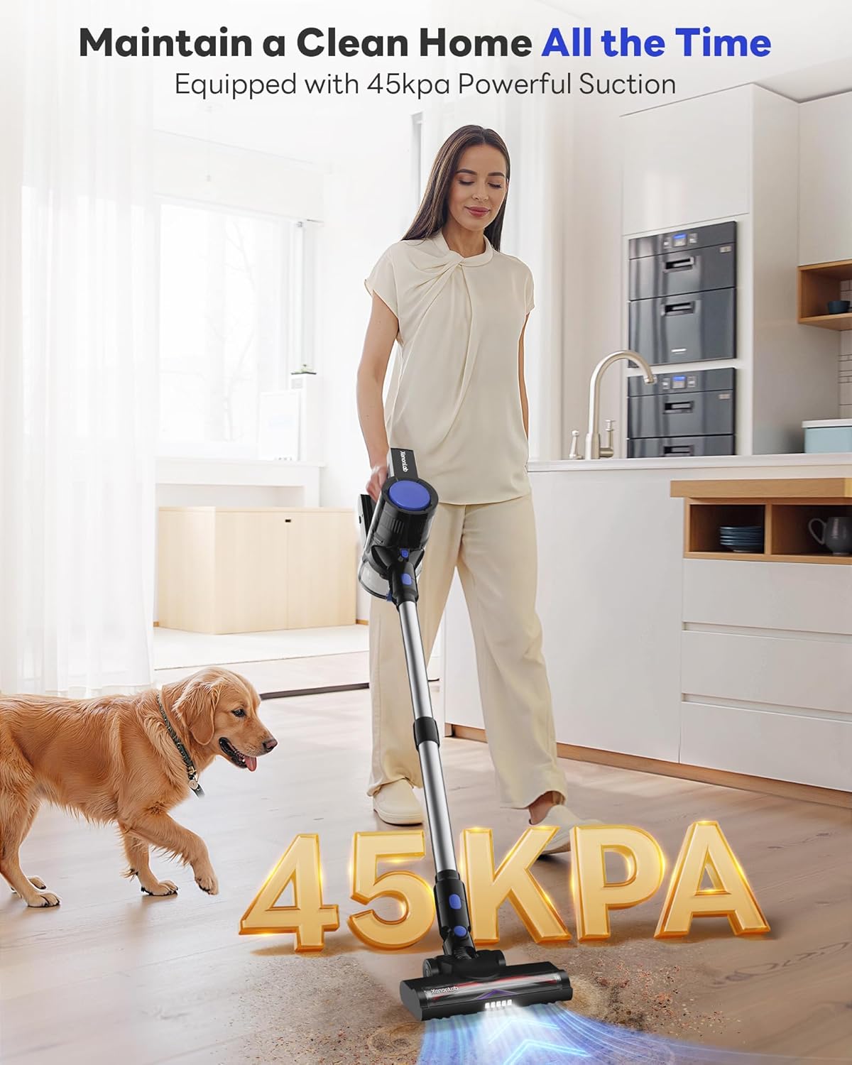 Cordless Vacuum Cleaner, 45KPA Stick Vacuum Cleaners for Home with Up to 45 Mins Runtime, 6-in-1 Rechargeable Lightweight Vacuum with Powerful