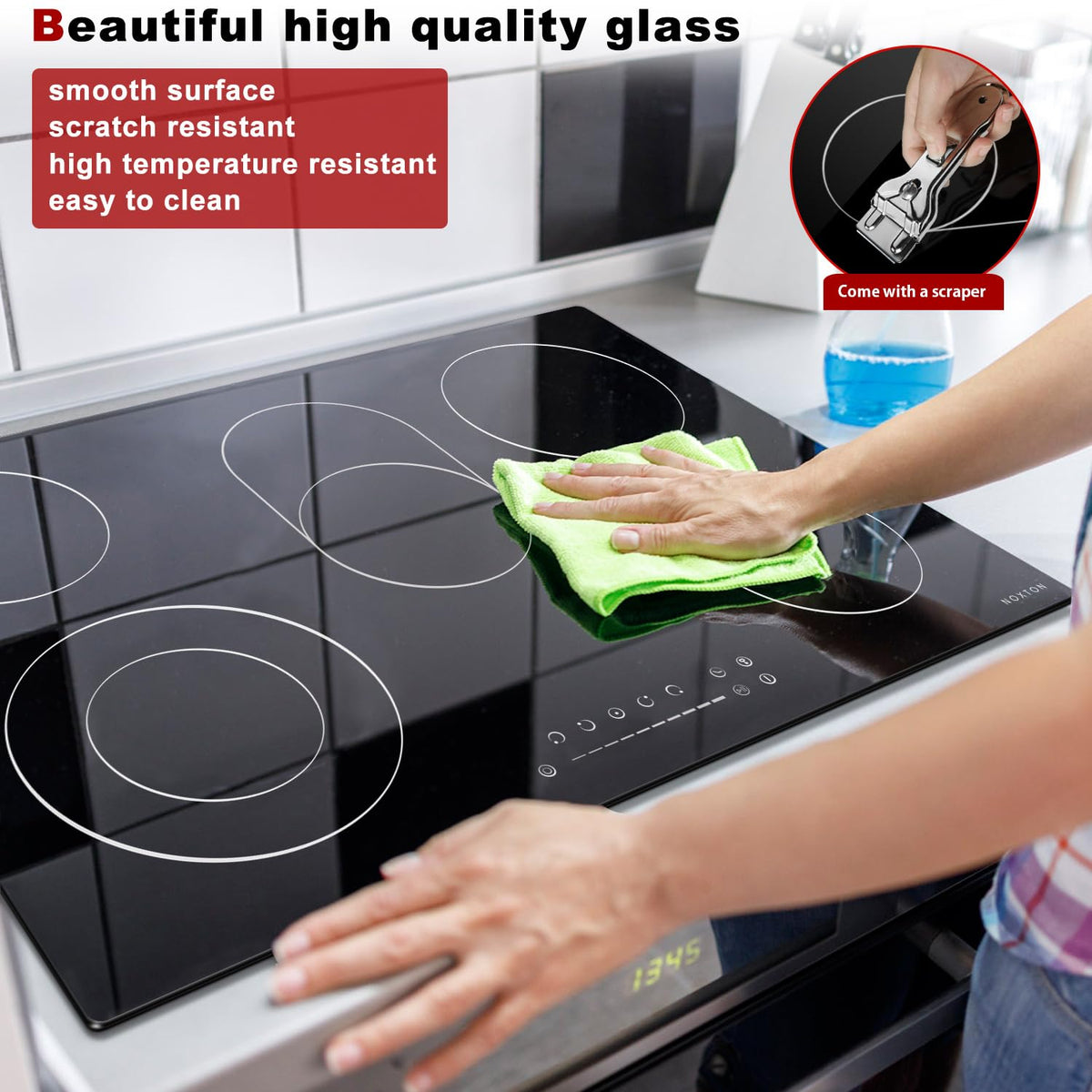 Noxton 30 Inch Electric Cooktop, 8400W 5 Burners Built-in Radiant Electric Stove Top, Slider Control, 9 Power Levels, Child Safety Lock, Timer, 220