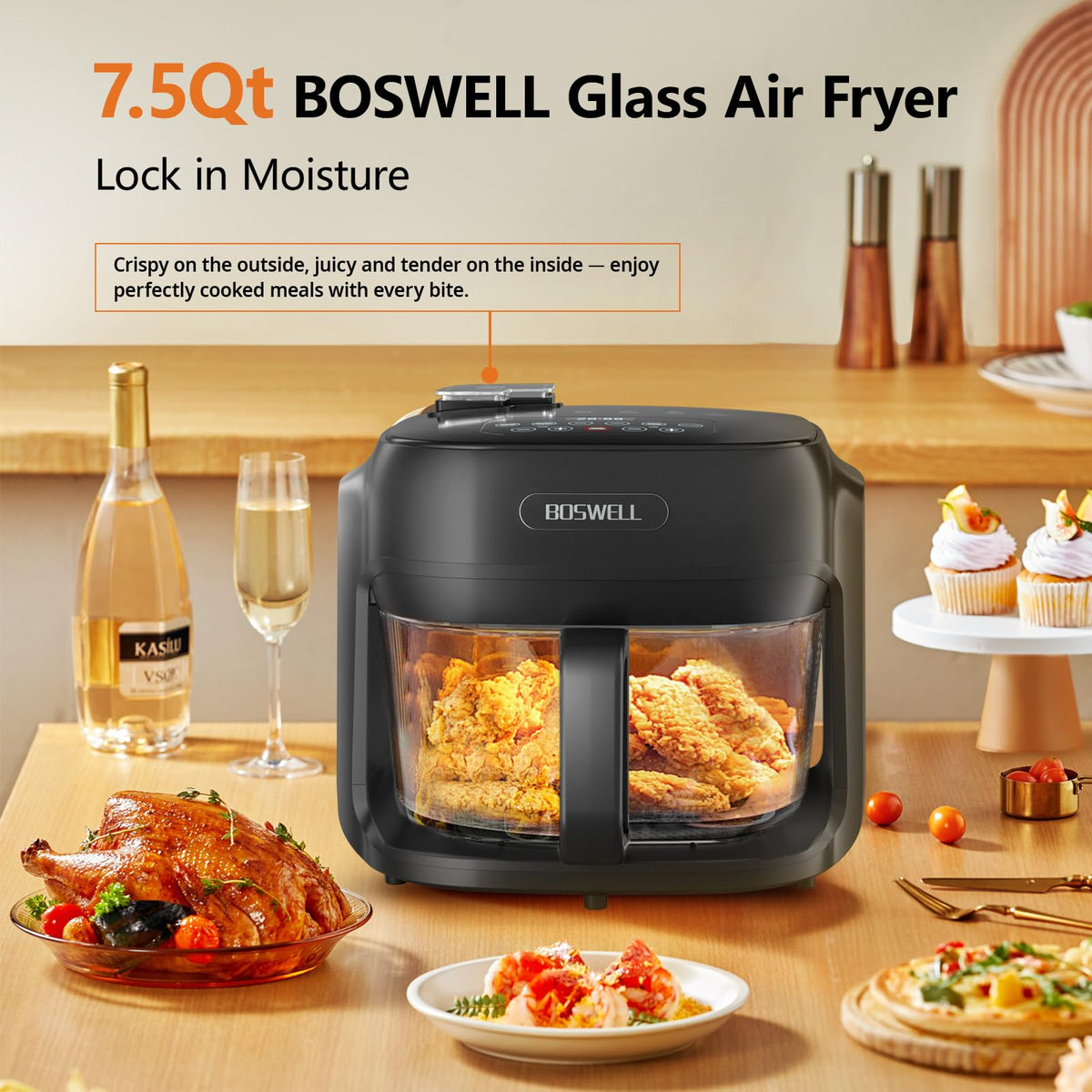 BOSWELL Glass Air Fryer, 7.5QT Borosilicate Bowl with Circulating Heat, Digital Touchscreen, 400F Max Temp, Oil-Free Fryer with Mist Function