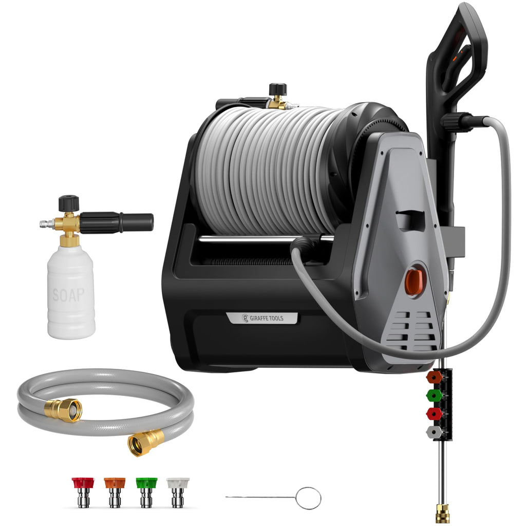 Giraffe Tools Grandfalls Retractable Wall Mount Pressure Washer Plus, Max 2900PSI 2.2 GPM, Electric Power Washer with 100ft Pressure Hose for Car